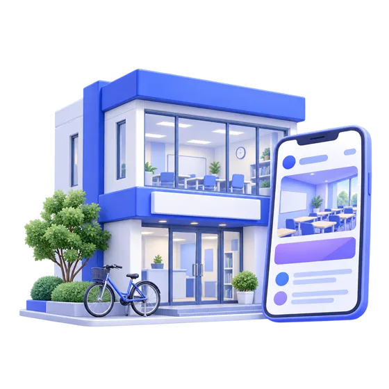 塾の建物とスマートフォンの広告のイメージ