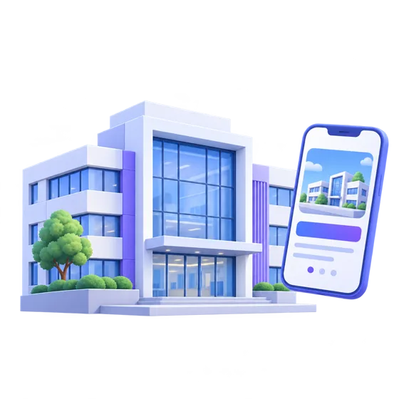 校舎とスマートフォンの広告のイメージ